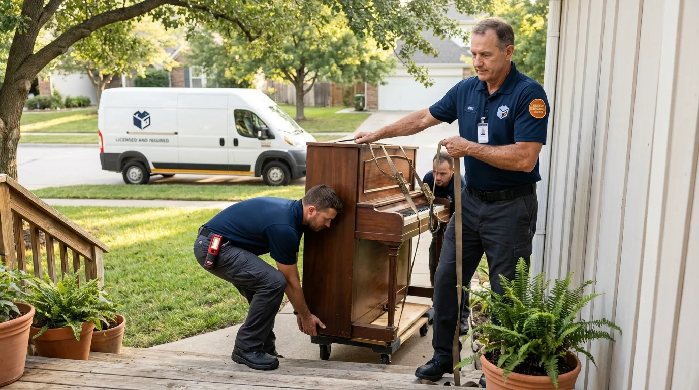 Licensed piano movers securing grand piano in Elbridge, NY