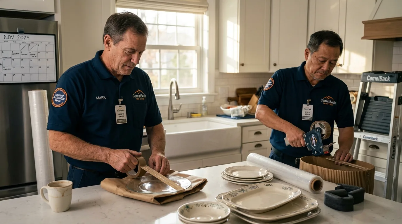 Professional crew packing kitchen dishware in Elbridge, NY